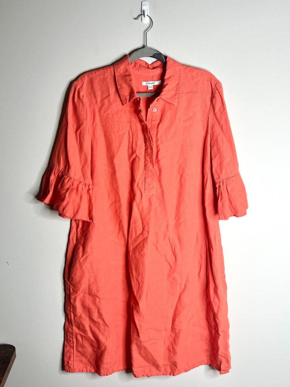 Chico's Coral 100% Linen Flounce Shift Dress 3/4 Sleeve Pockets Preppy Sz 12